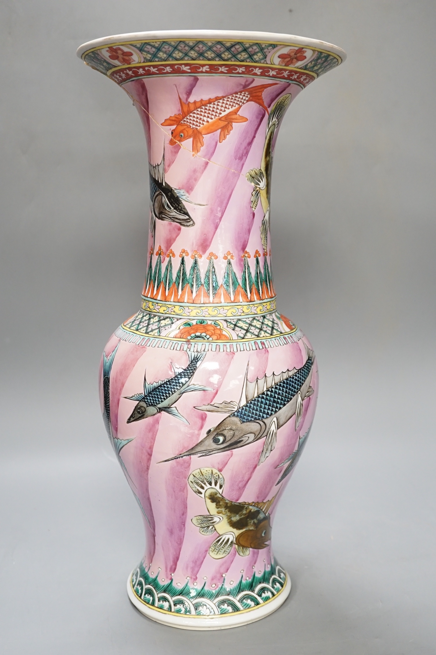 A 19th century Chinese famille rose 'fish' yen-yen vase, apocryphal Kangxi mark to base, a.f., 46cm